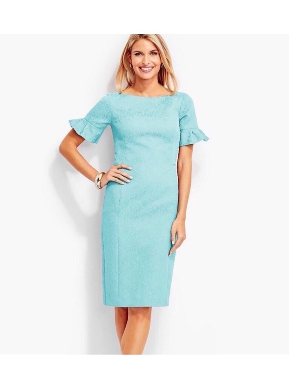 Talbots Aqua Textured Sheath Dress with Ruffle Sleeves